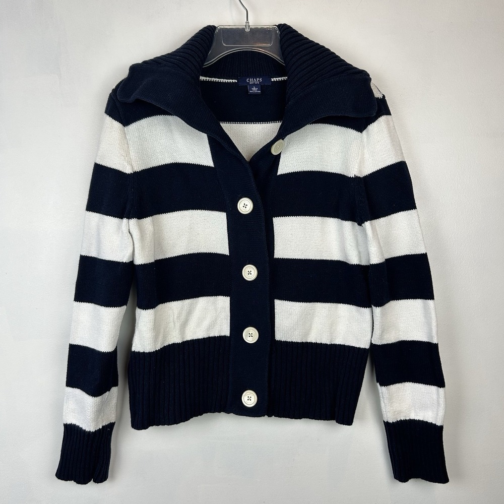 Chaps Ralph Lauren Cardigan Sweater Women L Blue White Stripe Button Nautical